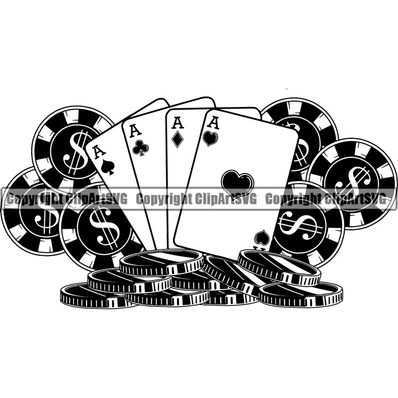 Black And White Game Poker Chips And Cards BW Design Element Casino Texas Hold EM Game Gamble Gabler Gambling Winner Play Bet White Background Win Las Vegas Jackpot Chip Art Design Logo  Clipart SVG