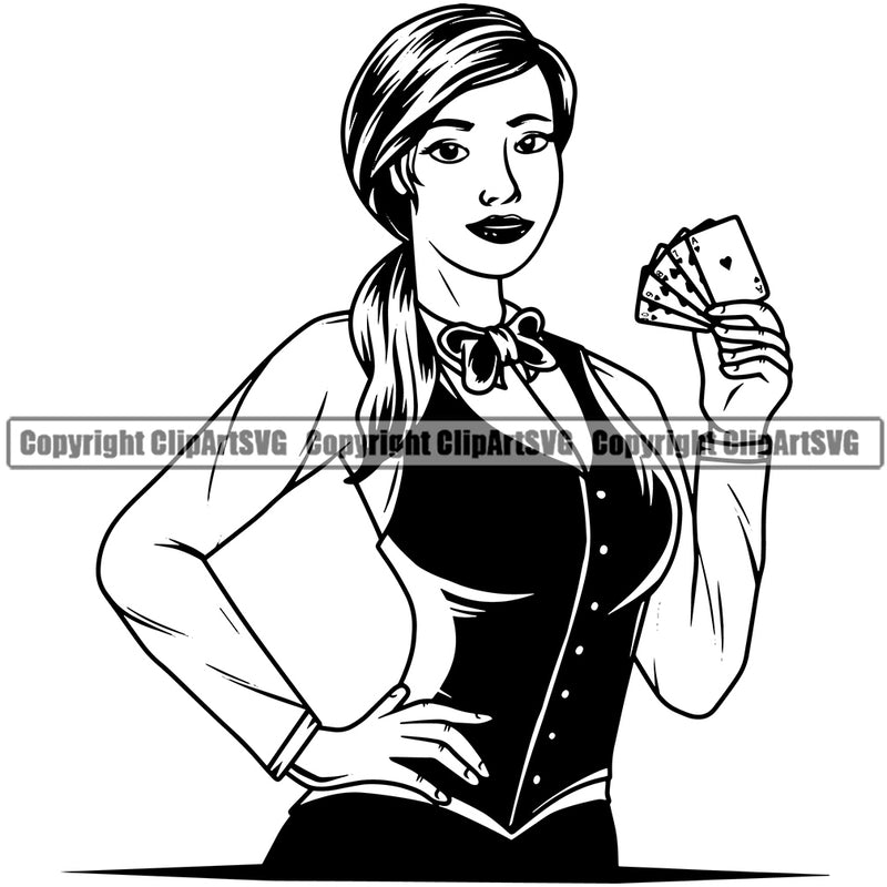 Black And White Game Poker Dealer Dice Holding Cards Vector BW Design Element Smile Face Casino Texas Hold EM Game Gamble Gabler Gambling Winner Play Bet Win Las Vegas Jackpot Chip Art Design Logo  Clipart SVG