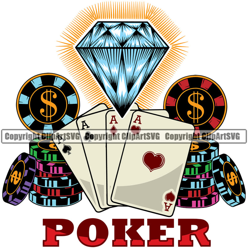 Casino Gamble Gambling Gambler Las Vegas Poker Chips Win Money Diamond Card Color White Background Design Element Poker Quote Text Game Chips Win Money Bet Betting Design Logo Clipart SVG