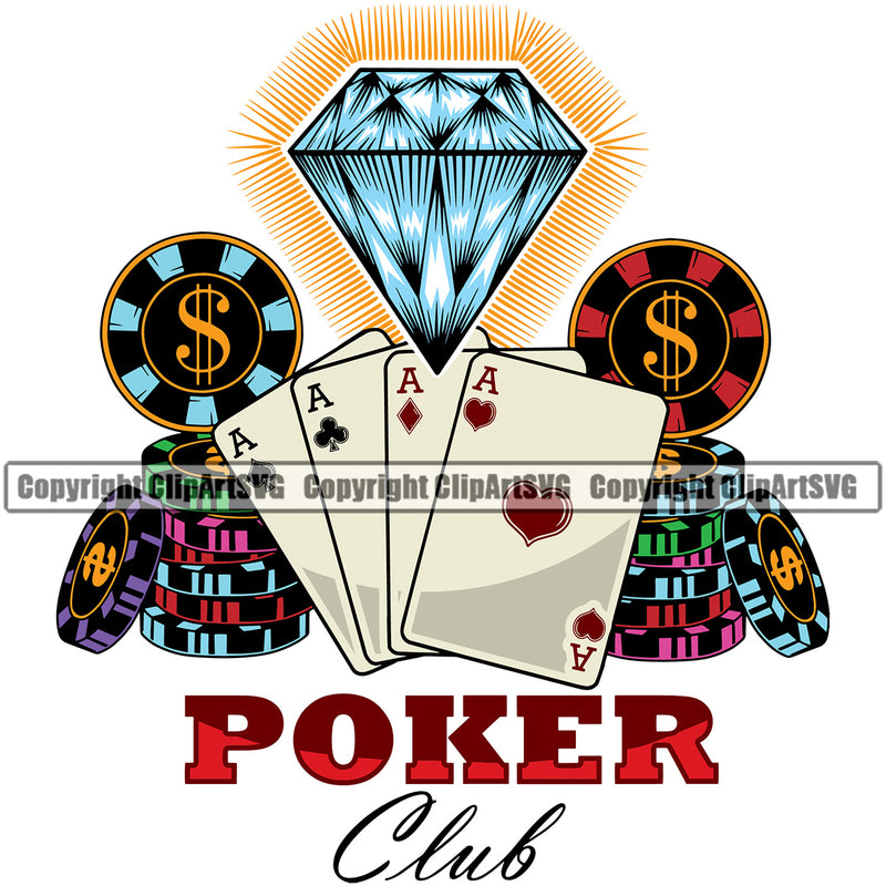 Casino Gamble Gambling Gambler Las Vegas Poker Chips Win Money Diamond Cards Casino Color Poker Club Quote Text Design Element Game Chips Win Money Bet Betting Design Logo Clipart SVG
