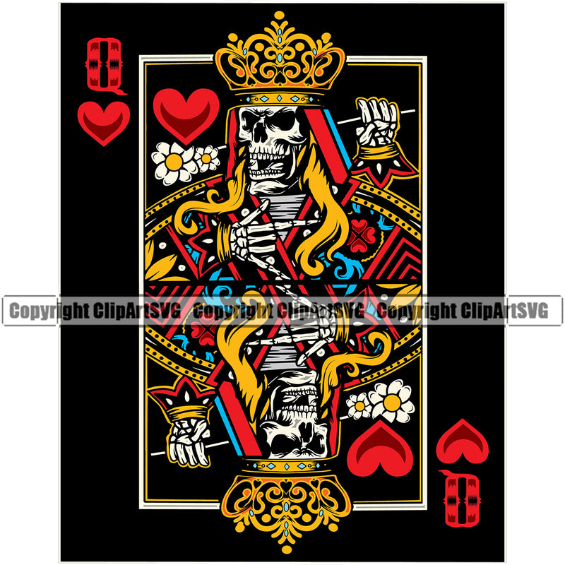 Game Poker Playing Card Queen Crown On Head Skull Skeleton Design Element Poker Casino Texas Hold EM Game Gamble Gabler Gambling Winner Play Bet Win Las Vegas Jackpot Chip Art Design Logo  Clipart SVG