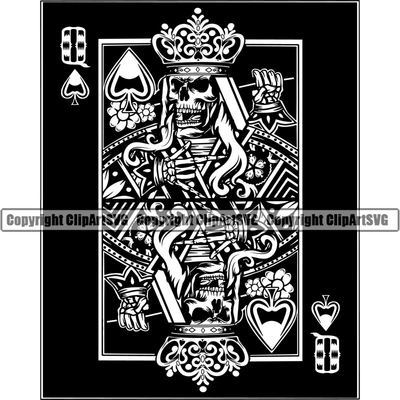 Black And White Game Poker Playing Card Queen Crown On Head Skull Skeleton Design Element Poker Casino Texas Hold EM Game Gamble Gabler Gambling Winner Play Bet Win Las Vegas Jackpot Chip Art Design Logo  Clipart SVG