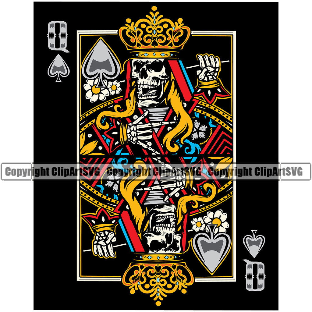Poker Casino Texas Hold EM Game Gamble Gabler Skull Skeleton Game Play Card Queen Crown On Head Black Background Gambling Winner Play Bet Win Las Vegas Jackpot Chip Art Design Logo  Clipart SVG