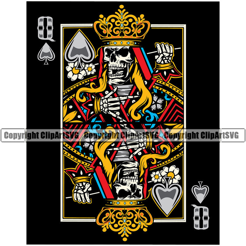 Poker Casino Texas Hold EM Game Gamble Gabler Skull Skeleton Game Play Card Queen Crown On Head Black Background Gambling Winner Play Bet Win Las Vegas Jackpot Chip Art Design Logo  Clipart SVG