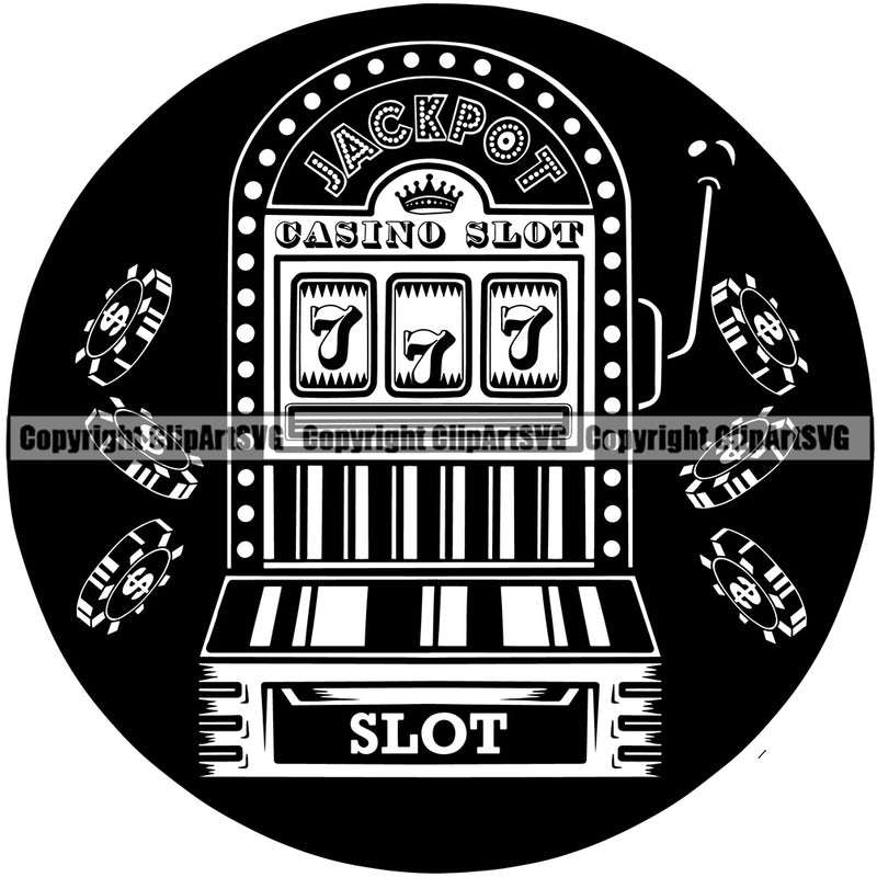 Black And White Slot Machine Color Design Element Casino Game Play Gambling Lucky Luck Jackpot Win Las Vegas Money Gamble Winner Win Bet Spin 777 Art Logo Clipart SVG