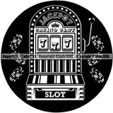 Black And White Slot Machine Color Design Element Casino Game Play Gambling Lucky Luck Jackpot Win Las Vegas Money Gamble Winner Win Bet Spin 777 Art Logo Clipart SVG