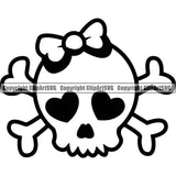 Cute Female Skull Skeleton Head Wearing Bow Heart Eyes Design Element EMO Dead Death Skeleton Tattoo Vintage Retro Horror Woman Gothic Girl Pretty Lady Art Logo Clipart SVG