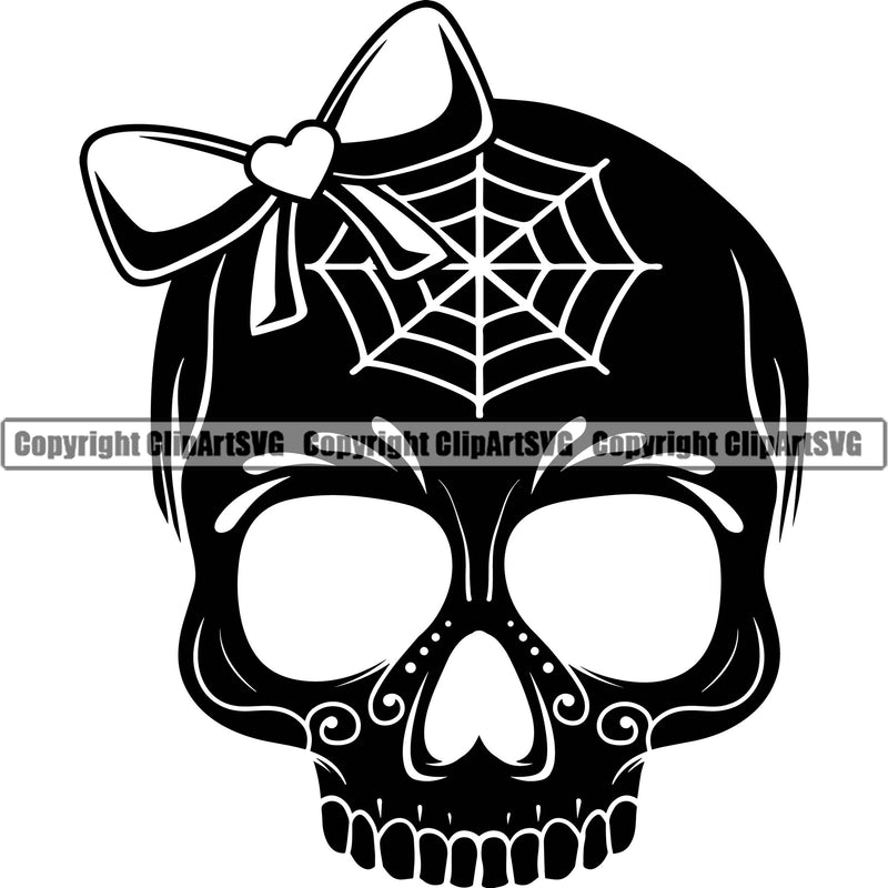 Cute Female Skull Skeleton Head Cob Web Dawn Dead Wearing Bow Design Element EMO Dead Death Skeleton Tattoo Vintage Retro Horror Woman Gothic Girl Pretty Lady Art Logo Clipart SVG