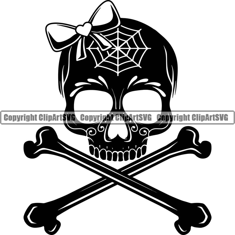 Cross bones Cob Web Dawn Skull Skeleton Head Wearing Bow Design Element Cute Female Skull EMO Dead Death Skeleton Tattoo Vintage Retro Horror Woman Gothic Girl Pretty Lady Art Logo Clipart SVG