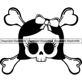 Skull Skeleton Crossbones Head Wearing Bow Design Element Cute Female Skull EMO Dead Death Skeleton Tattoo Vintage Retro Horror Woman Gothic Girl Pretty Lady Art Logo Clipart SVG