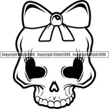 Crossbones Skull Skeleton Head Wearing Bow Design Element Heart Eyes Cute Female Skull EMO Dead Death Skeleton Tattoo Vintage Retro Horror Woman Gothic Girl Pretty Lady Art Logo Clipart SVG
