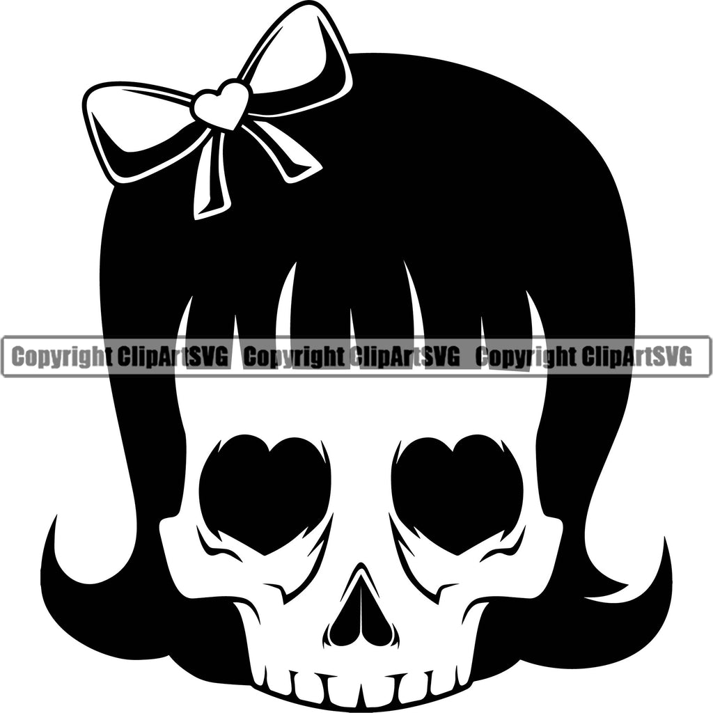 Crossbones Skull Head Black Hair Heart Design Eyes Vector Wearing Bow Cute  Female Skull EMO Dead Death Skeleton Tattoo Vintage Retro Horror Woman  Gothic Girl Pretty Lady Art Logo Clipart SVG –