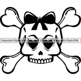 Heart Design Eyes Skull Skeleton Head Crossbones White Background Wearing Bow Cute Female Skull EMO Dead Death Skeleton Tattoo Vintage Retro Horror Woman Gothic Girl Pretty Lady Art Logo Clipart SVG