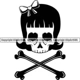 Cute Skull Skeleton Head Design Element Heart Eyes Crossbones Female Skull EMO Dead Death Skeleton Tattoo Vintage Retro Horror Woman Gothic Girl Pretty Lady Art Logo Clipart SVG