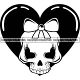 Heart Design Skull Skeleton Head Vector Heart Background Wearing Bow Cute Female Skull EMO Dead Death Skeleton Tattoo Vintage Retro Horror Woman Gothic Girl Pretty Lady Art Logo Clipart SVG