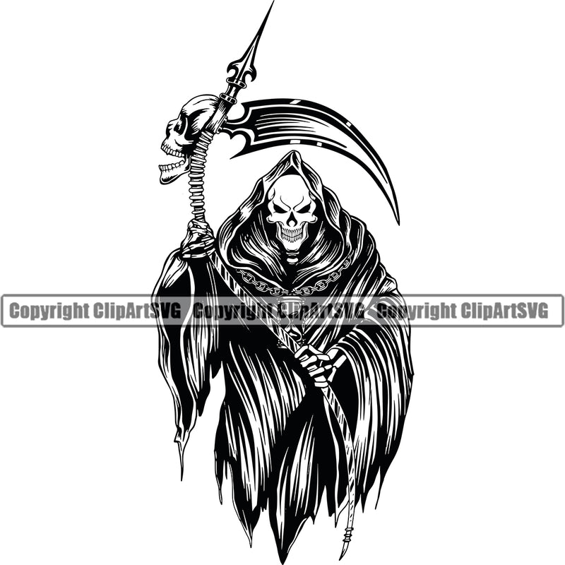 Skull Skeleton Holding Grim Reaper Vector Design Element Black And White Skeleton Death Horror Dead Evil Dark Spooky Fear Skull Scary Ghost Scythe Sickle Cemetery Gothic Hell Demon Creepy Clipart SVG