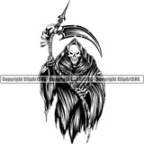 Skull Skeleton Holding Grim Reaper Vector Design Element Black And White Skeleton Death Horror Dead Evil Dark Spooky Fear Skull Scary Ghost Scythe Sickle Cemetery Gothic Hell Demon Creepy Clipart SVG