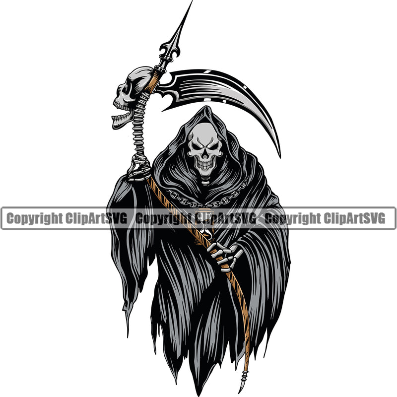 Skull Skeleton Holding Grim Reaper Vector Dark Color Design Element Black And White Skeleton Death Horror Dead Evil Dark Spooky Fear Skull Scary Ghost Scythe Sickle Cemetery Gothic Hell Demon Creepy Clipart SVG