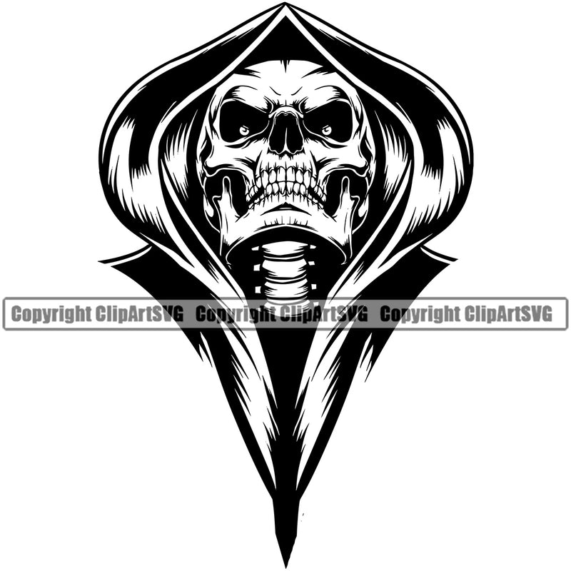 Skull Skeleton Head Design Element BW Vector Grim Reaper Skeleton Death Horror Dead Evil Dark Spooky Fear Skull Scary Ghost Scythe Sickle Cemetery Gothic Hell Demon Creepy Clipart SVG