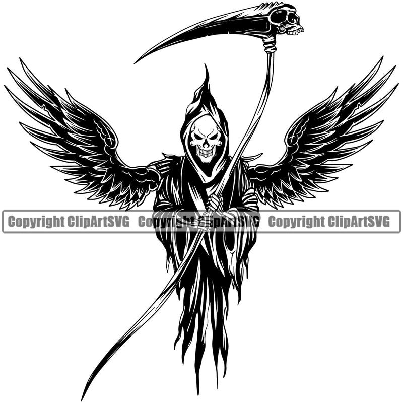 Angel Death Quote Skull Skeleton Holding Grim Reaper And Wings Vector White Background Color Design Element Skeleton Death Horror Dead Evil Dark Spooky Fear Skull Scary Ghost Scythe Sickle Cemetery Gothic Hell Demon Creepy Clipart SVG