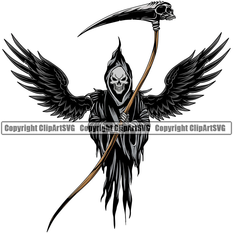 Skull Skeleton Holding Grim Reaper Color Design Element Skeleton Wings Death Horror Dead Evil Dark Spooky Fear Skull Scary Ghost Scythe Sickle Cemetery Gothic Hell Demon Creepy Clipart SVG