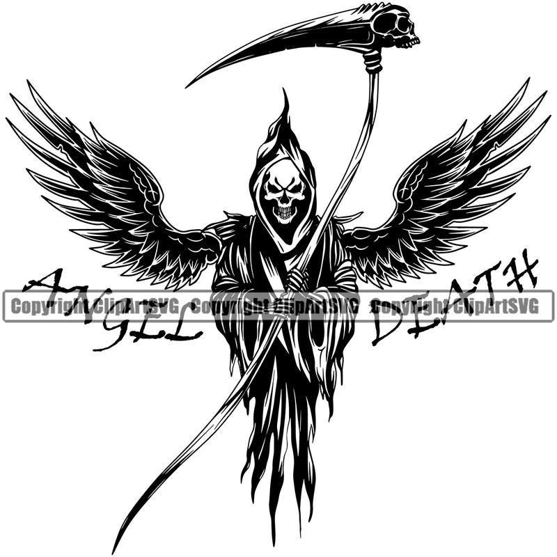 Angel Death Quote Skull Skeleton Holding Grim Reaper And Wings Vector Design Element Skeleton Death Horror Dead Evil Dark Spooky Fear Skull Scary Ghost Scythe Sickle Cemetery Gothic Hell Demon Creepy Clipart SVG