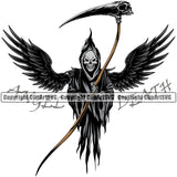 Angel Death Quote Skull Skeleton Holding Grim Reaper And Wings Vector Black And White Color Design Element Skeleton Death Horror Dead Evil Dark Spooky Fear Skull Scary Ghost Scythe Sickle Cemetery Gothic Hell Demon Creepy Clipart SVG