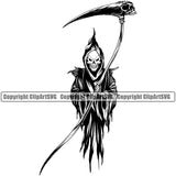 Skull Skeleton Hand Holding Grim Reaper BW Design Element Skeleton Death Horror Dead Evil Dark Spooky Fear Skull Scary Ghost Scythe Sickle Cemetery Gothic Hell Demon Creepy Clipart SVG