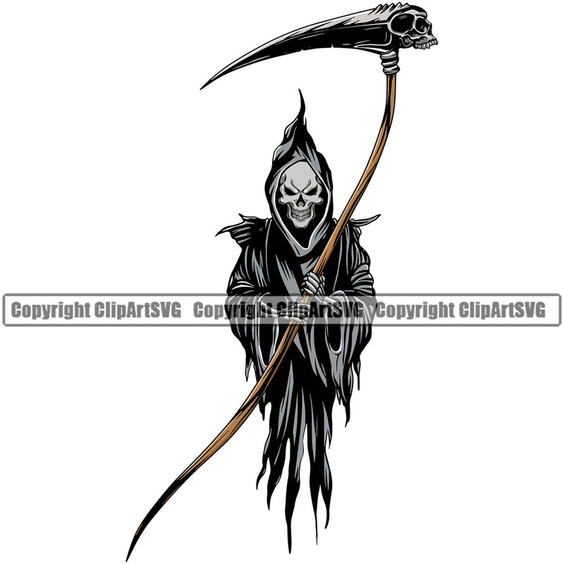 Skull Skeleton Hand Holding Grim Reaper Color Design Element Skeleton Death Horror Dead Evil Dark Spooky Fear Skull Scary Ghost Scythe Sickle Cemetery Gothic Hell Demon Creepy Clipart SVG