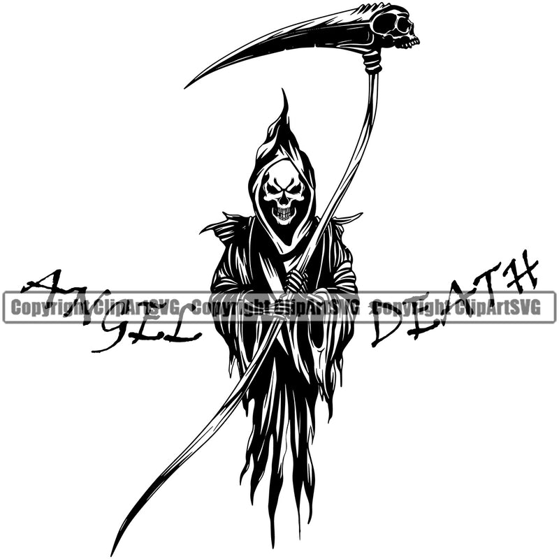 Angel Death Quote Skull Skeleton Holding Grim Reaper Color Design Element Skeleton Wings Death Horror Dead Evil Dark Spooky Fear Skull Scary Ghost Scythe Sickle Cemetery Gothic Hell Demon Creepy Clipart SVG