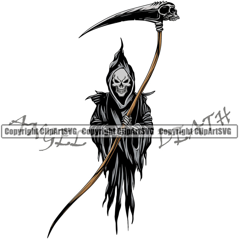 Anger Death Quote Skull Skeleton Holding Grim Reaper Color Design Element White Background Skeleton Death Horror Dead Evil Dark Spooky Fear Skull Scary Ghost Scythe Sickle Cemetery Gothic Hell Demon Creepy Clipart SVG