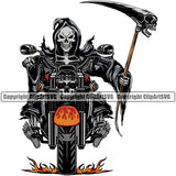 Skull Skeleton Holding Grim Reaper And Riding Motorcycle Design Element Color Skeleton Death Horror Dead Evil Dark Spooky Fear Skull Scary Ghost Scythe Sickle Cemetery Gothic Hell Demon Creepy Clipart SVG