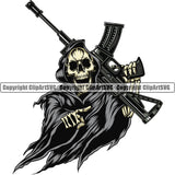 Skull Skeleton Hand Holding Machine Gun Color Design Element Grim Reaper Skeleton Death Horror Dead Evil Dark Spooky Fear Skull Scary Ghost Scythe Sickle Cemetery Gothic Hell Demon Creepy Clipart SVG