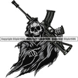 Skull Skeleton Hand Holding Machine Gun Design Element Grim Reaper Skeleton Death Horror Dead Evil Dark Spooky Fear Skull Scary Ghost Scythe Sickle Cemetery Gothic Hell Demon Creepy Clipart SVG