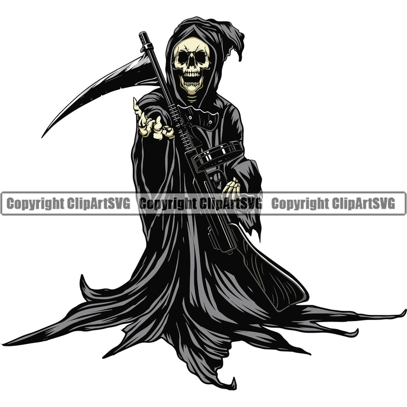 Skull Skeleton Standing And Holding Grim Reaper Gun Sickle Vector Color Design Element Skeleton Death Horror Dead Evil Dark Spooky Fear Skull Scary Ghost Scythe Sickle Cemetery Gothic Hell Demon Creepy Clipart SVG