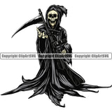 Skull Skeleton Standing And Holding Grim Reaper Gun Sickle Vector Color Design Element Skeleton Death Horror Dead Evil Dark Spooky Fear Skull Scary Ghost Scythe Sickle Cemetery Gothic Hell Demon Creepy Clipart SVG