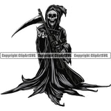 Skull Skeleton Standing And Holding Grim Reaper Gun Sickle Vector Design Element Skeleton Death Horror Dead Evil Dark Spooky Fear Skull Scary Ghost Scythe Sickle Cemetery Gothic Hell Demon Creepy Clipart SVG