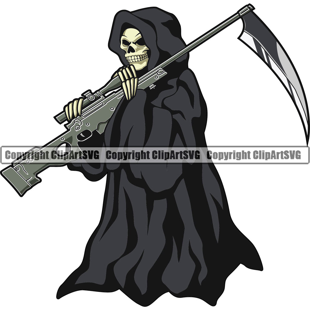 Skull Skeleton Hand Holding Grim Reaper Gun Color Design Element White Background Skeleton Death Horror Dead Evil Dark Spooky Fear Skull Scary Ghost Scythe Sickle Cemetery Gothic Hell Demon Creepy Clipart SVG
