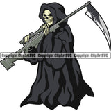 Skull Skeleton Hand Holding Grim Reaper Gun Color Design Element White Background Skeleton Death Horror Dead Evil Dark Spooky Fear Skull Scary Ghost Scythe Sickle Cemetery Gothic Hell Demon Creepy Clipart SVG