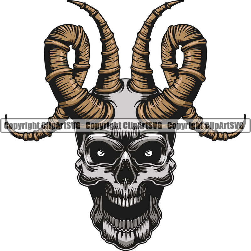 Skull Skeleton Head Angry Face With Horns Design Element Grim Reaper Skeleton Death Horror Dead Evil Dark Spooky Fear Skull Scary Ghost Scythe Sickle Cemetery Gothic Hell Demon Creepy Clipart SVG