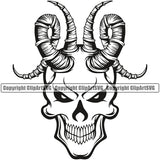 Black And White BW Skull Skeleton Head Angry Face With Horns Design Element Grim Reaper Skeleton Death Horror Dead Evil Dark Spooky Fear Skull Scary Ghost Scythe Sickle Cemetery Gothic Hell Demon Creepy Clipart SVG