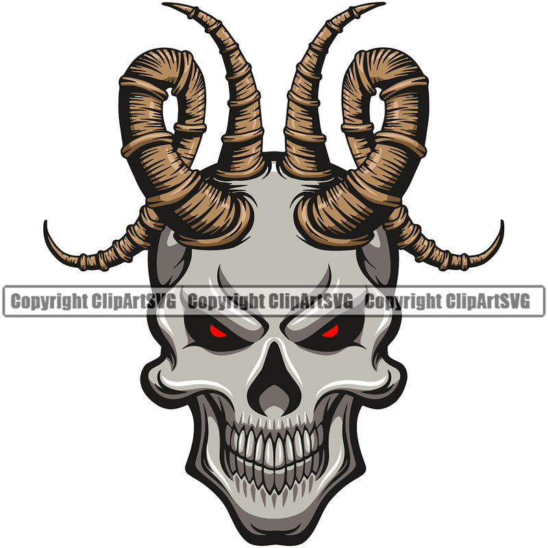 Silver Color Skull Skeleton Head Red Eyes Angry Face With Horns Design Element Grim Reaper Skeleton Death Horror Dead Evil Dark Spooky Fear Skull Scary Ghost Scythe Sickle Cemetery Gothic Hell Demon Creepy Clipart SVG