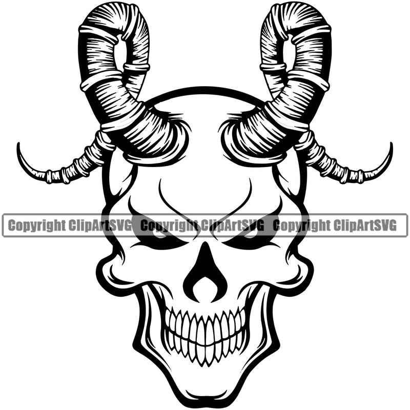 Skull Skeleton Head Angry Face With Horns Design Element White Artwork Grim Reaper Skeleton Death Horror Dead Evil Dark Spooky Fear Skull Scary Ghost Scythe Sickle Cemetery Gothic Hell Demon Creepy Clipart SVG