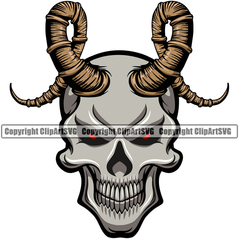 Skull Skeleton Head With Horns Color Design Element Red Eyes White Background Grim Reaper Skeleton Death Horror Dead Evil Dark Spooky Fear Skull Scary Ghost Scythe Sickle Cemetery Gothic Hell Demon Creepy Clipart SVG