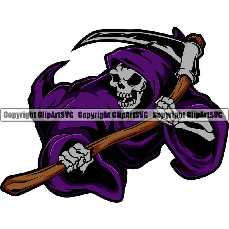 Skull Skeleton Hand Holding Grim Reaper Color Design Element White Background Skeleton Death Horror Dead Evil Dark Spooky Fear Skull Scary Ghost Scythe Sickle Cemetery Gothic Hell Demon Creepy Clipart SVG