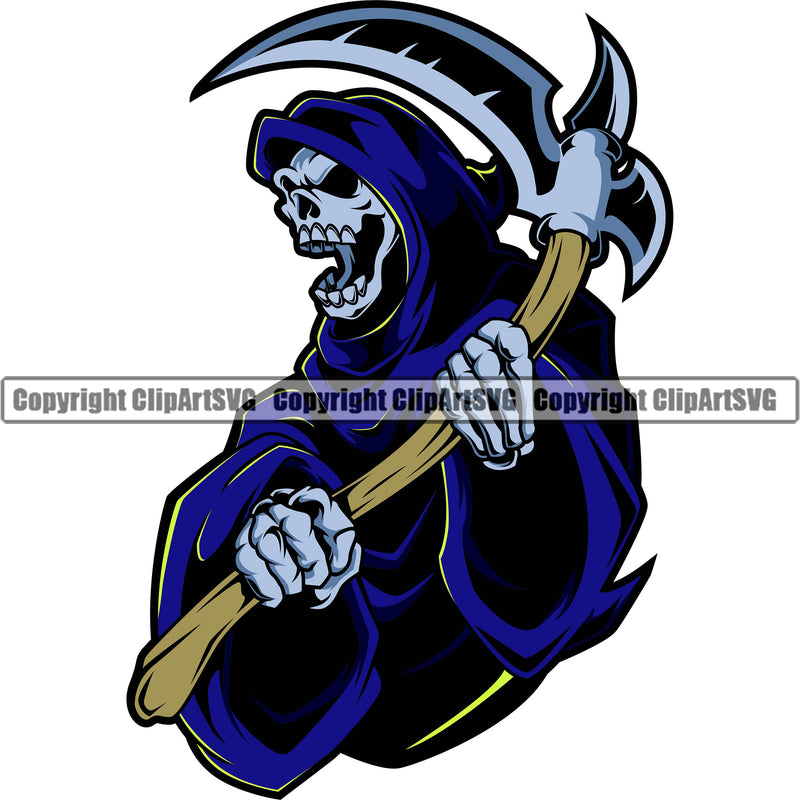 Skull Skeleton Holding Grim Reaper Color Design Element Open Mouth Skeleton Death Horror Dead Evil Dark Spooky Fear Skull Scary Ghost Scythe Sickle Cemetery Gothic Hell Demon Creepy Clipart SVG