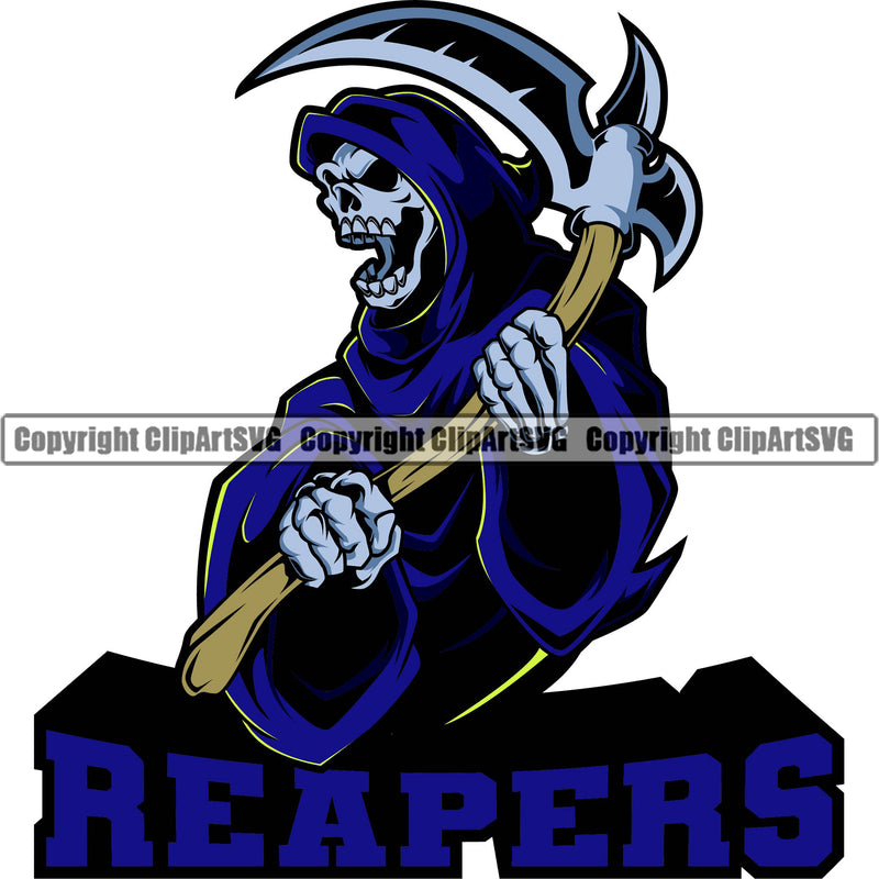 Skull Hand Holding Grim Reaper Mascot Color Design Element Skeleton Death Horror Dead Evil Dark Spooky Fear Skull Scary Ghost Scythe Sickle Cemetery Gothic Hell Demon Creepy Clipart SVG