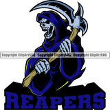 Skull Hand Holding Grim Reaper Mascot Color Design Element Skeleton Death Horror Dead Evil Dark Spooky Fear Skull Scary Ghost Scythe Sickle Cemetery Gothic Hell Demon Creepy Clipart SVG