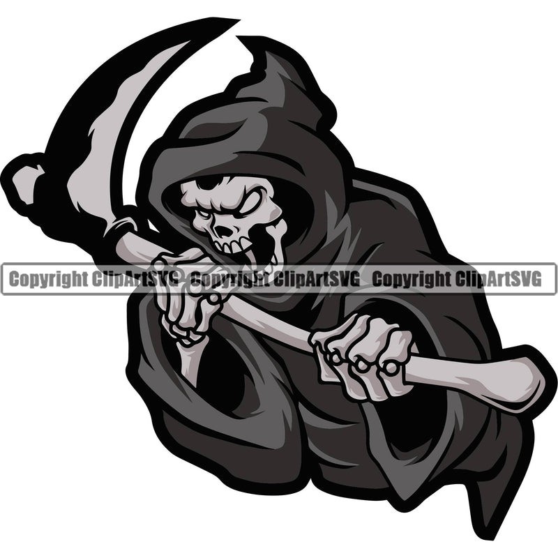 Skull Skeleton Holding Grim Reaper And Kiss Pose Color Design Element Skeleton Death Horror Dead Evil Dark Spooky Fear Skull Scary Ghost Scythe Sickle Cemetery Gothic Hell Demon Creepy Clipart SVG