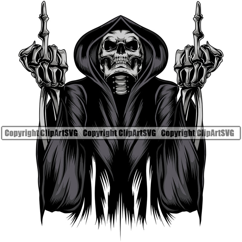 Grim Reaper Skull Skeleton Middle Finger Hand Sign Design Element Angry Face Death Horror Dead Evil Dark Spooky Fear Skull Scary Ghost Scythe Sickle Cemetery Gothic Hell Demon Creepy Clipart SVG